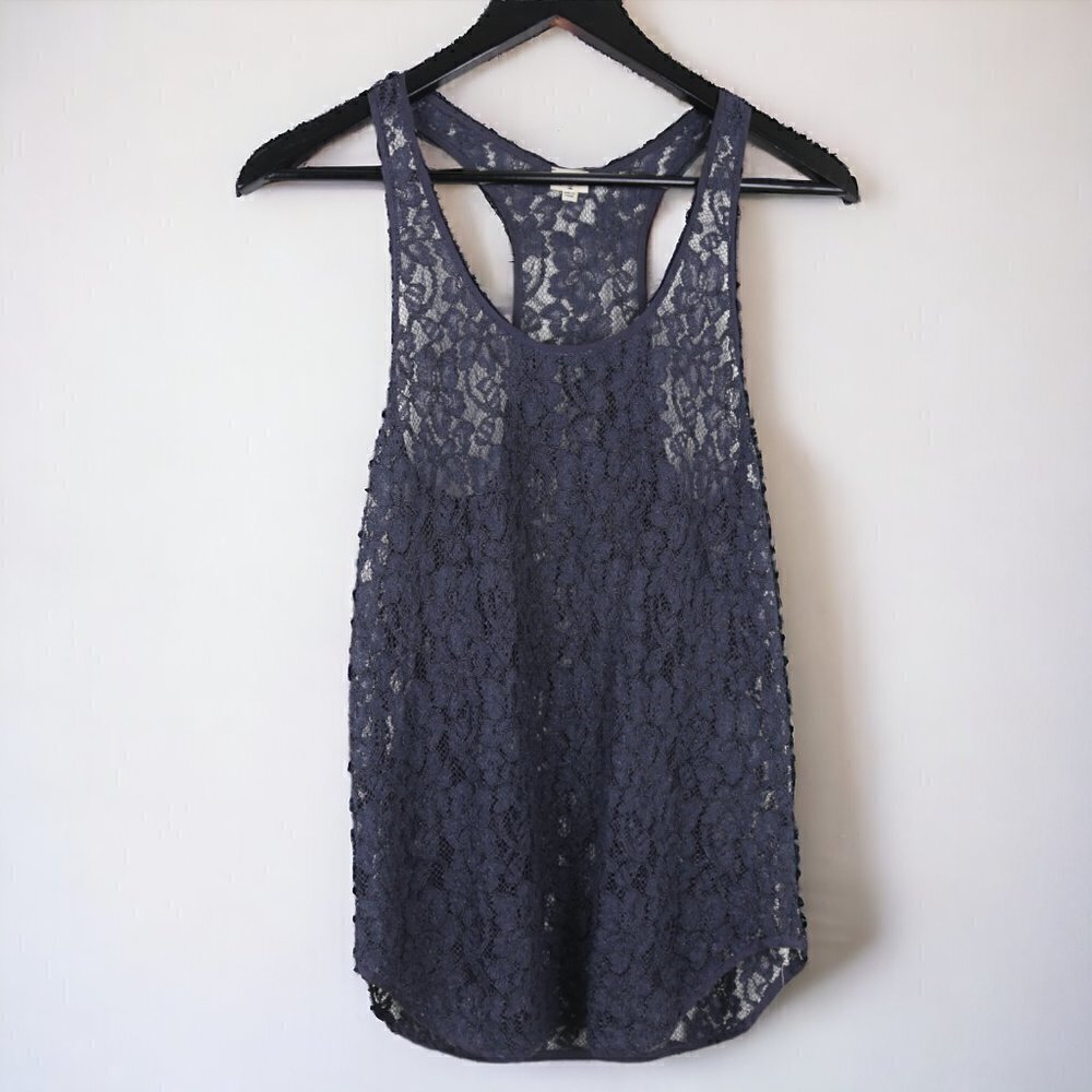 Aritzia Wilfred Madeline Silk Trim Lace Racerback Blouse Navy Blue Size XS